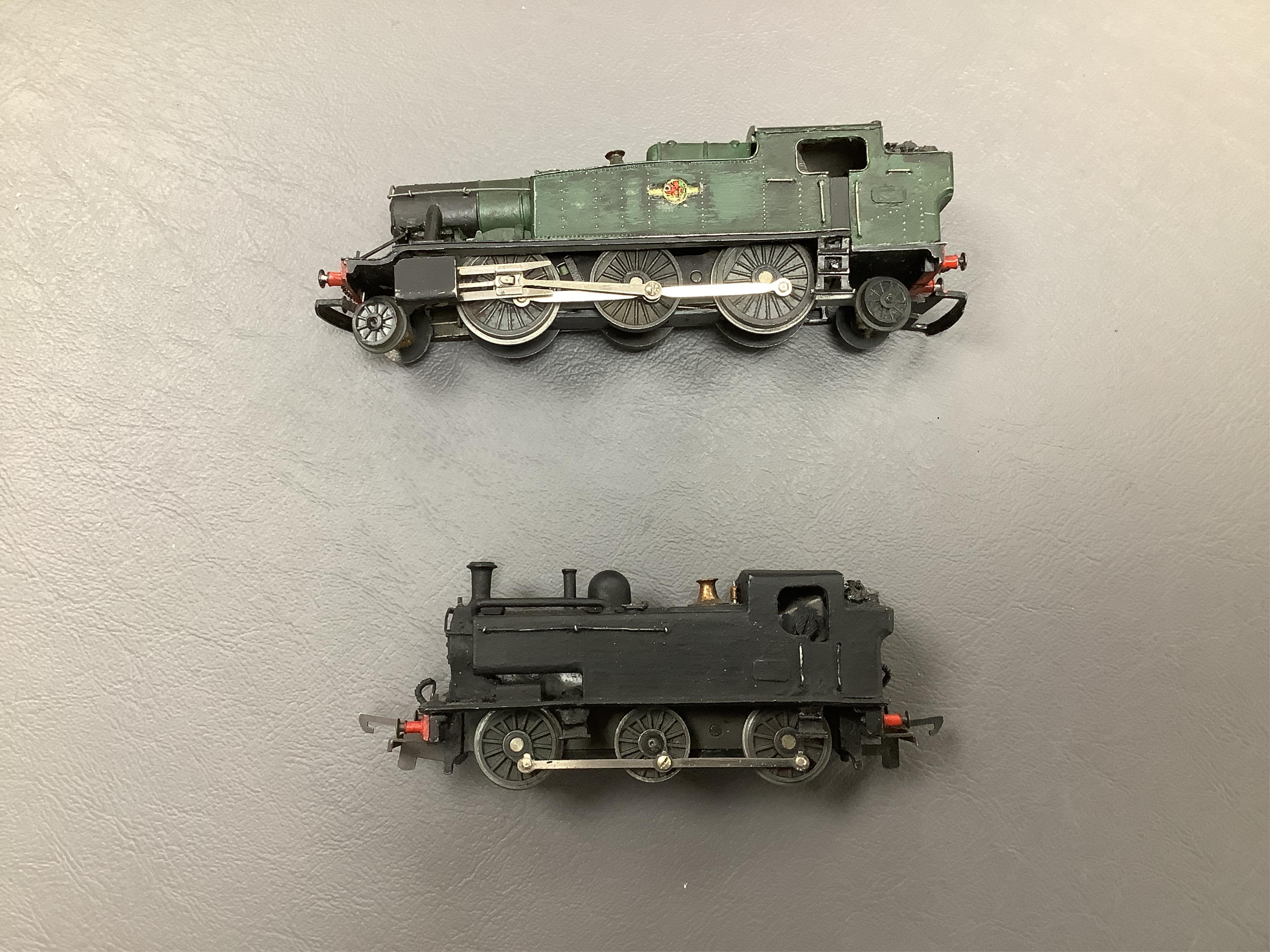 Fifteen items of TT gauge model railway by Peco, etc. including two white metal kit-built locomotives; a BR Prairie tank and a GWR 0-6-0T, together with 13 mainly kit built freight wagons, etc. Condition - fair, some rep